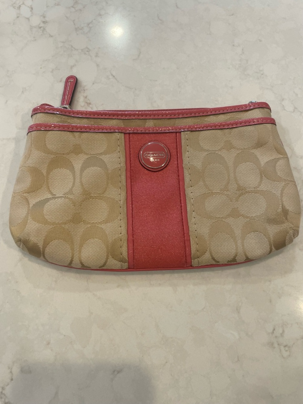 Coach Tan Signature Canvas Wristlet with Coral Trim